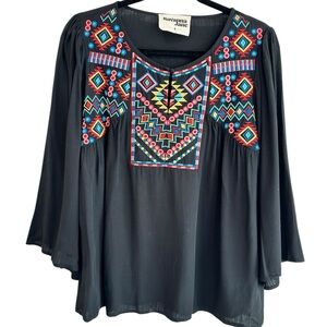 Savanna Jane Small black colorful embroidered top‎ with flowy 3/4 sleeves